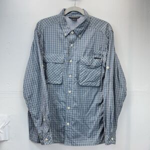 Exofficio Fishing Shirt Mens M Vented Blue White Plaid Long Sleeve Button Down